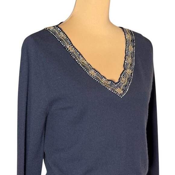 TSE Beaded Cashmere Sweater Sz L Gray  V-Neck Old Money Quiet Luxury Casual Chic - Picture 10 of 12